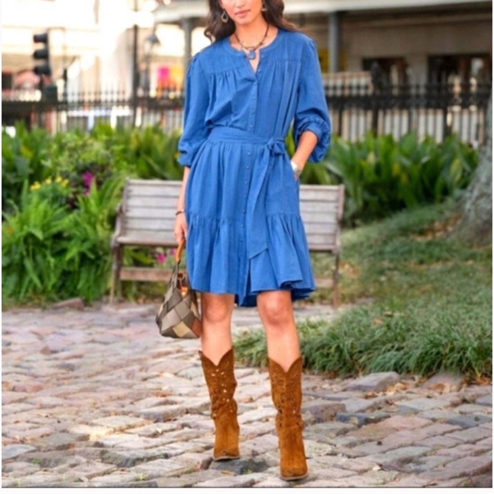 NWT Sundance Blue Elderflower Linen Viscose Tiered Ruffle Tie Belt Dress M